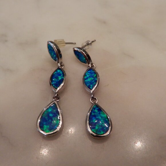 Vintage 925 Silver and Opal Resin Dangle Earrings - Picture 5 of 5